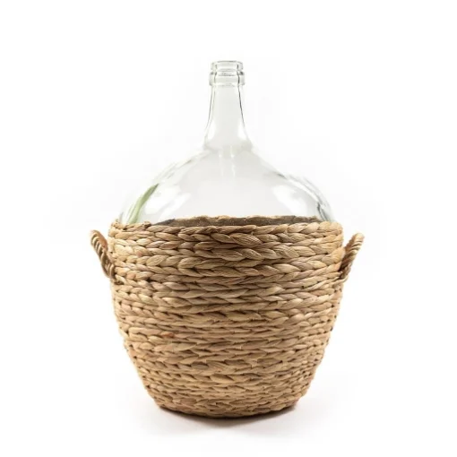 VASO A FORMA DI DAMIGIANA DA ARREDO IN VETRO LAVORATO CON CESTINO IN BANANO EFFETTO TRECCIA CON 2 MANICI - H.52 X 42 X 38 CM