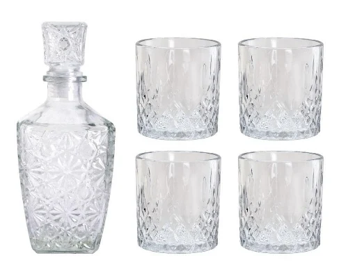 MA MAISON SET BOTTIGLIA IN VETRO DECORATO CON TAPPO DA WHISKY + 4 BICCHIERI IN VETRO SET DESIGN PER LIQUORI E AMARI