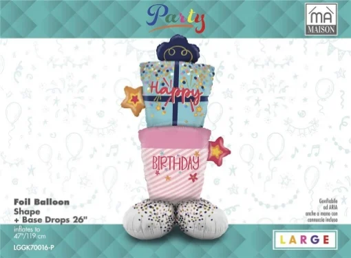 MA MAISON MYLAR PALLONCINO "REGALO HAPPY BIRTHDAY" + BASE 119X47 CM CANNUCCIA INCLUSA