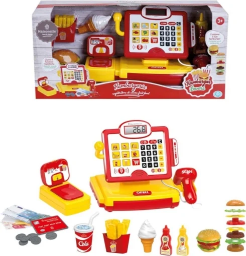 MAISONELLE - HAMBURGER LOVERS SET CON REGISTRATORE DI CASSA CON CALCOLATRICE FUNZIONANTE + ACCESSORI