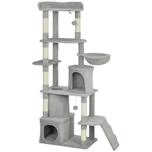 ALBERO TIRAGRAFFI PER GATTI CON 2 CASETTE, AMACA, TUNNEL, E LETTINO, PALI IN SISAL, 60X40X170 CM, GRIGIO - MAURY'S