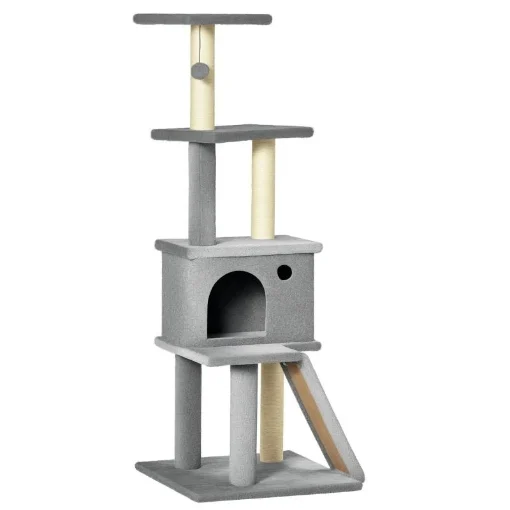 ALBERO TIRAGRAFFI MULTILIVELLO CON CASETTA, SCALA, PALLINA E PALI IN SISAL, 48X48X125 CM, GRIGIO - MAURY'S