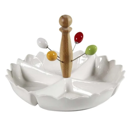 ANTIPASTIERA BIANCA BASE CON MANICO IN LEGNO E 4 STUZZICHINI 25 X 17 CM - MAURY'S