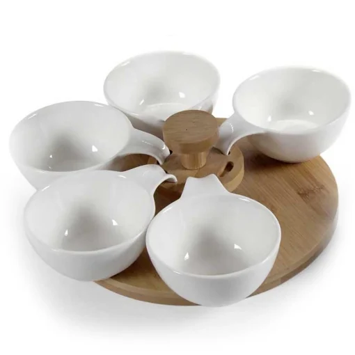 ANTIPASTIERA BIANCA CON 6 CIOTOLINE SUPPORTO IN LEGNO 33 X 9 CM - MAURY'S