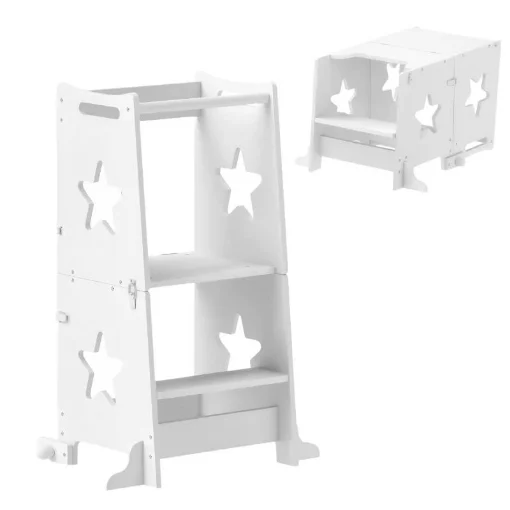 SCALA MONTESSORI CONVERTIBILE IN SET TAVOLO E SEDIE CON BARRA DI SICUREZZA, IN LEGNO, 60X44.5X86 CM, BIANCO - MAURY'S