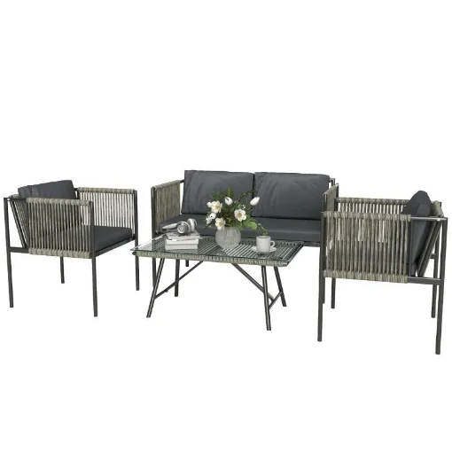 SET SALOTTO DA GIARDINO IN RATTAN CON 2 POLTRONE DIVANETTO 2 POSTI E TAVOLINO DA CAFFÈ IN VETRO GRIGIO - MAURY'S