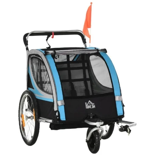 RIMORCHIO BICI PER BAMBINI E PASSEGGINO 2 IN 1 CON CINTURA TASCHE E BANDIERINA BLU - MAURY'S