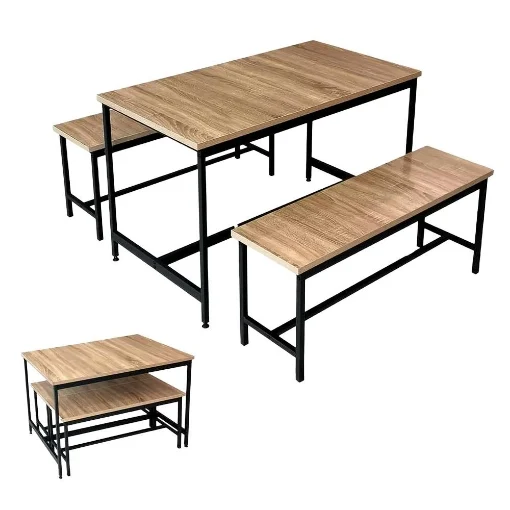 SET TAVOLO CON 2 PANCHE IN LEGNO E STRITTURA IN METALLO SCURO - MAURY'S