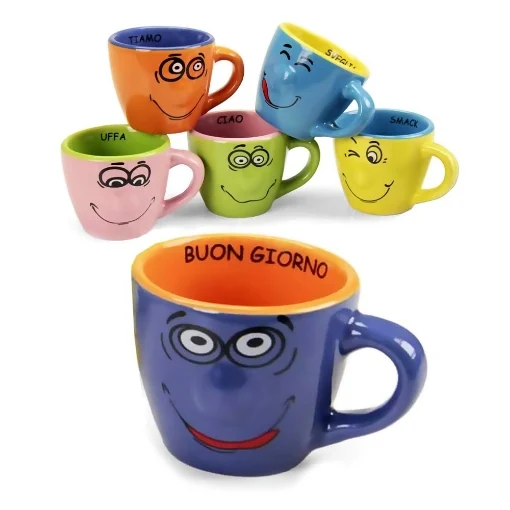 SET 6 TAZZINE DI CERAMICA PER CAFFÈ FACCE DIVERTENTI 100 ML ASSORTITO - MAURY'S