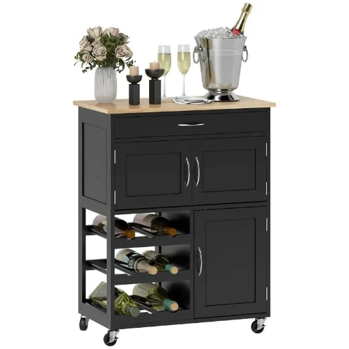CARRELLO DA CUCINA IN LEGNO CON PORTABOTTIGLIE 3 ANTE E CASSETTO 67X37X87 CM NERO E ROVERE - MAURY'S