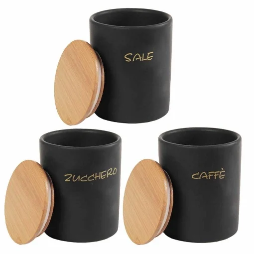 SET 3 BARATTOLI DA CUCINA TONDI PER CAFFÈ/SALE/ZUCCHERO 10X13 CM L'UNO CON TAPPO ERMETICO IN LEGNO COLORE NERO - MAURY'S