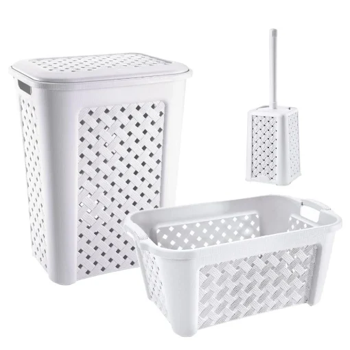SET ARIANNA PORTABIANCHERIA 50 LT + CESTA PORTA BIANCHERIA 35 LT+ PORTASCOPINO PER BAGNO COLORE BIANCO - TONTARELLI