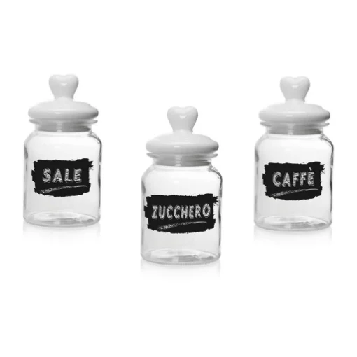 TRIS BARATTOLI IN VETRO CON TAPPO IN CERAMICA A CUORE DA 1000 ML 11X21 CM SALE,ZUCCHERO E CAFFÈ - MAURY'S