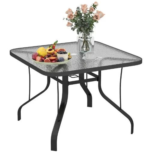 TAVOLO DA GIARDINO QUADRATO A 4 POSTI CON PIANO IN VETRO E FORO PER OMBRELLONE Ø 54 MM NERO - MAURY'S