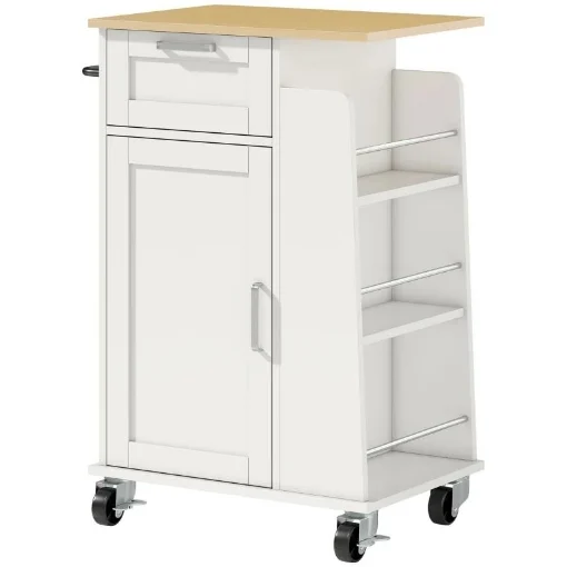 CARRELLO DA CUCINA CON CASSETTO, ARMADIETTO, PORTASCIUGAMANI E 3 PORTASPEZIE, IN LEGNO, 62X40X87 CM, BIANCO - MAURY'S