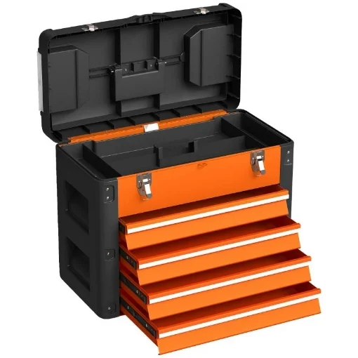 CASSETTA PORTA ATTREZZI CON 4 CASSETTI E SCOMPARTO SUPERIORE IN ACCIAIO E PLASTICA, ARANCIONE E NERO - MAURY'S