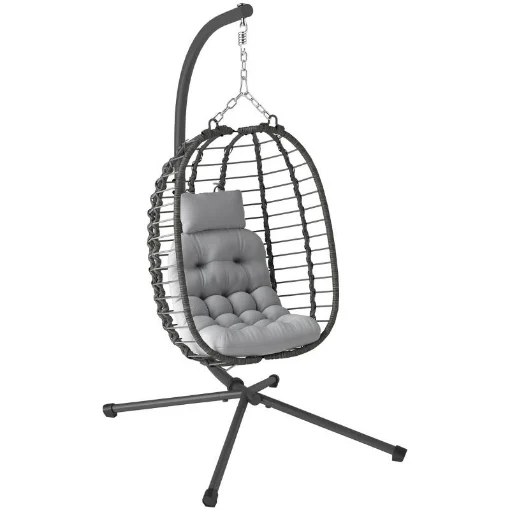SEDIA SOSPESA IN RATTAN A UOVO CON CUSCINO E POGGIATESTA ALTEZZA REGOLABILE E SEDUTA RICHIUDIBILE GRIGIO - MAURY'S