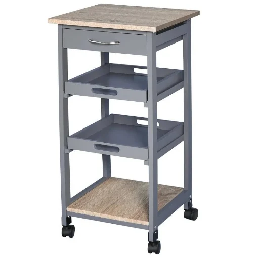 CARRELLO DA CUCINA CON CASSETTO, 2 VASSOI ESTRAIBILI E RIPIANO FISSO, IN LEGNO DI PINO E MDF, 37X37X76 CM - MAURY'S