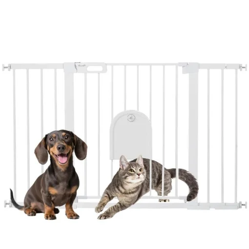 CANCELLETTO PER CANI ESTENSIBILE CON PORTA A CHIUSURA AUTOMATICA, IN METALLO E ABS, 75-131X76 CM, BIANCO