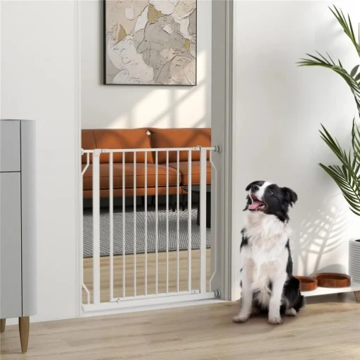 CANCELLETTO PER CANI ESTENSIBILE E REGOLABILE PER SCALE E PORTE, IN ACCIAIO E ABS, 75-85X76 CM, BIANCO