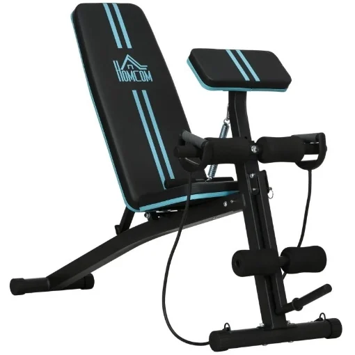 PANCA MULTIFUNZIONE PIEGHEVOLE CON SCHIENALE REGOLABILE A 7 LIVELLI, CON FUNZIONE LEG EXTENSION, CUSCINETTO ED ELASTICI, BLU - MAURY'S