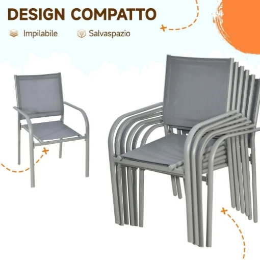 SET SEI SEDIE DA GIARDINO IN TESSUTO A RETE GRIGIO IMPILABILI, SALVASPAZIO - MAURY'S