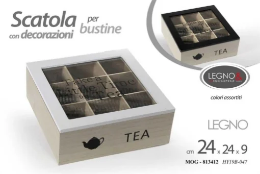 SCATOLA PER TÈ QUADRATA IN ELGNO, CON DESIGN, 9 SCOMPARTI 24X24X9CM ASSORTITO - MAURY'S