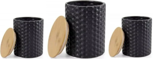 TRIS BARATTOLI TONDI DA CUCINA 2 DA 10X13 E UNO DA 13X17 CM IN CERAMICA NERA CON TAPPO IN LEGNO - GICOS