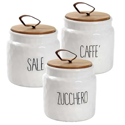 TRIS BARATTOLI MODELLO ONDULATO PER SALE ZUCCHERO E CAFFÈ 14 CM BIANCO CON TAPPO IN LEGNO - MAURY'S
