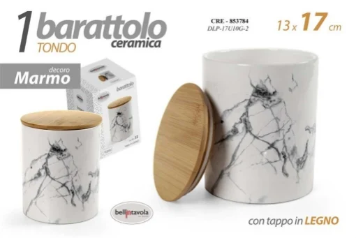BARATTOLO IN CERAMICA EFFETTO MARMO CON TAPPO DI LEGNO ERMETICO 13X13X17CM - MAURY'S