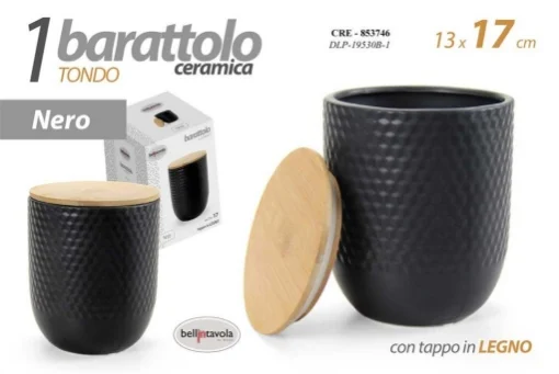 BARATTOLO TONDO IN CERAMICA NERA CON TAPPO IN LEGNO 13X13X17CM - MAURY'S