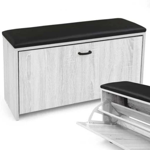 SCARPIERA PANCA IN LEGNO TRUCIOLARE CON CUSCINO, PANNELLO POSTERIORE BIANCO LEGNO 80 X 24 X 41 CM - MAURY'S