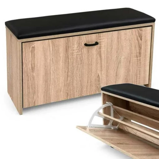SCARPIERA PANCA IN LEGNO TRUCIOLARE CON CUSCINO, PANNELLO POSTERIORE ROVERE 80 X 24 X 41 CM - MAURY'S