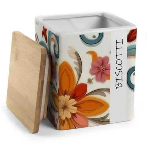 BISCOTTIERA QUADRATA "ROMANTIC" CON TAPPO IN LEGNO 13 X 15 CM - MAURY'S