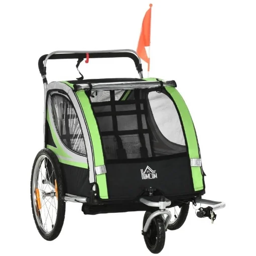 RIMORCHIO BICI PER BAMBINI E PASSEGGINO 2 IN 1 CON CINTURA, TASCHE E BANDIERINA, VERDE - MAURY'S
