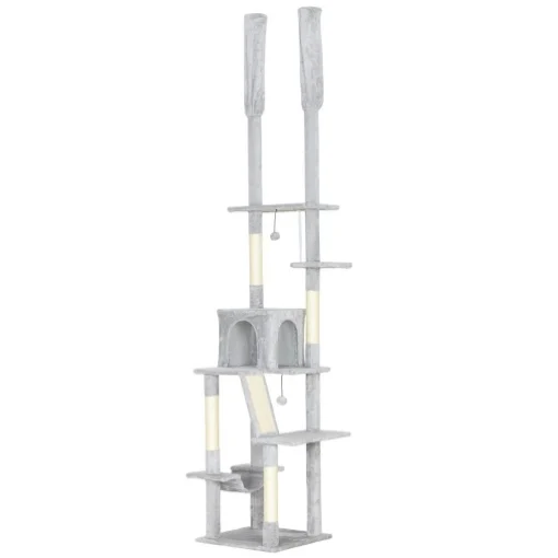 ALBERO TIRAGRAFFI A SOFFITTO CON ALTEZZA REGOLABILE 225-255 CM CON CASETTA E AMACA, GRIGIO CHIARO