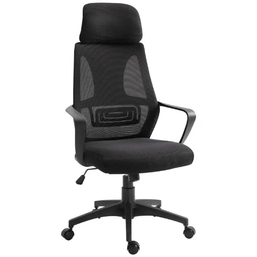 SEDIA DA UFFICIO RECLINABILE CON POGGIATESTA E SUPPORTO LOMBARE IN POLIESTERE 64X55X116-126 CM NERO