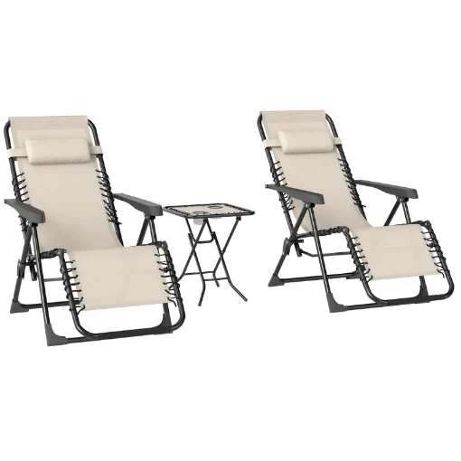 SET 2 SEDIE SDRAIO A GRAVITÀ ZERO PIEGHEVOLI CON SCHIENALE REGOLABILE E TAVOLINO BEIGE - MAURY'S