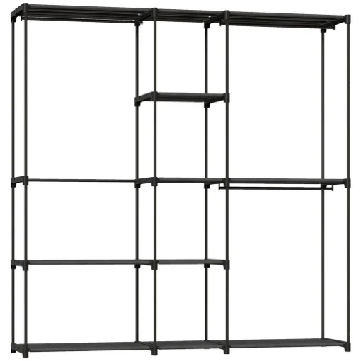 ARMADIO GUARDAROBA IN TESSUTO CON 8 RIPIANI E 3 ASTE PER APPENDERE, 182X43X185 CM, NERO - MAURY'S