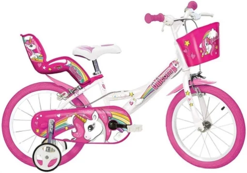 BICICLETTA 14 POLLICI UNICORN BAMBINA CON ROTELLE SEGGIOLINO E CESTINO ARTICOLO USATO - DINO BIKES