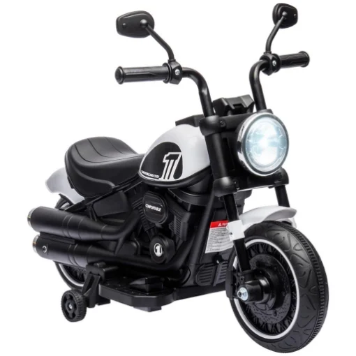 MOTO ELETTRICA PER BAMBINI 18-36 MESI CON ROTELLE E FANALE, 76X42X57 CM, BIANCO E NERO