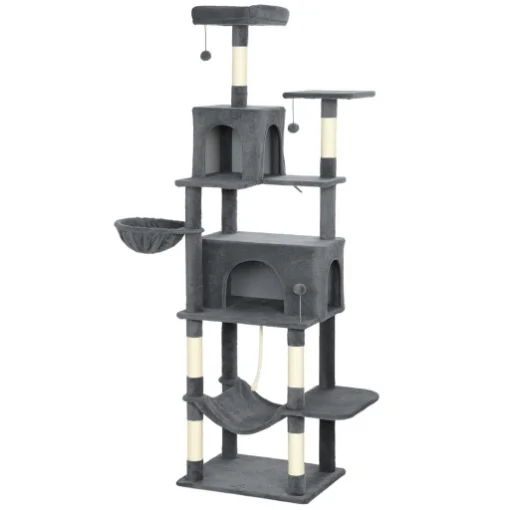 ALBERO TIRAGRAFFI PER GATTI ALTO 202 CM CON 6 PALI IN SISAL, 2 CASETTE, 2 AMACHE E LETTINO, GRIGIO - MAURY'S