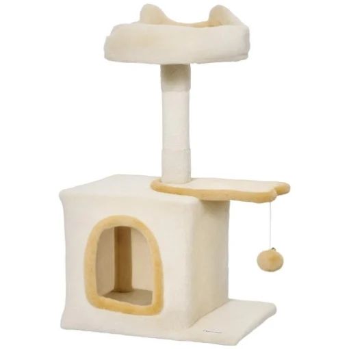 ALBERO TIRAGRAFFI PER GATTI CON POSATOIO E CASETTA, IN LEGNO, PELUCHE E SISAL, 40X30X72 CM, BEIGE E GIALLO - MAURY'S