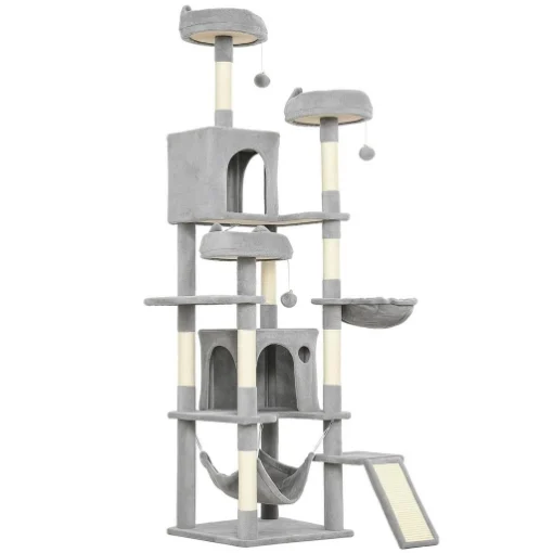 ALBERO TIRAGRAFFI PER GATTI CON SCALA, 2 AMACHE, 3 POSATOI, 2 CASETTE E 3 PIATTAFORME, 48X48X192 CM, GRIGIO E CREMA - MAURY'S