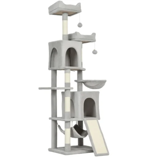 ALBERO TIRAGRAFFI PER GATTI CON 2 CASETTE, 2 LETTINI, TRESPOLO E 2 PALLINE, 48X40X177 CM, GRIGIO CHIARO E BEIGE - MAURY'S