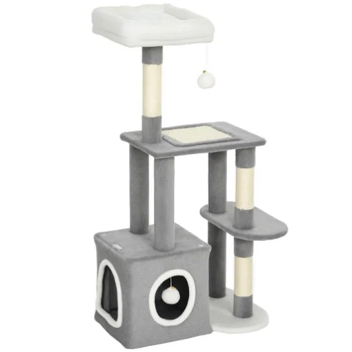 ALBERO TIRAGRAFFI PER GATTI CON CASETTA, LETTINO E 2 PALLINE, IN LEGNO E PELUCHE, 55X40X107 CM, GRIGIO E BIANCO - MAURY'S