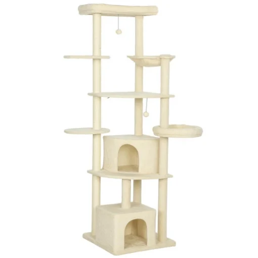 ALBERO PER GATTI ALTO 200 CM MULTILIVELLO CON 2 CASETTE, 2 LETTINI E AMACA, STRUTTURA PER 2-3 GATTI, BEIGE