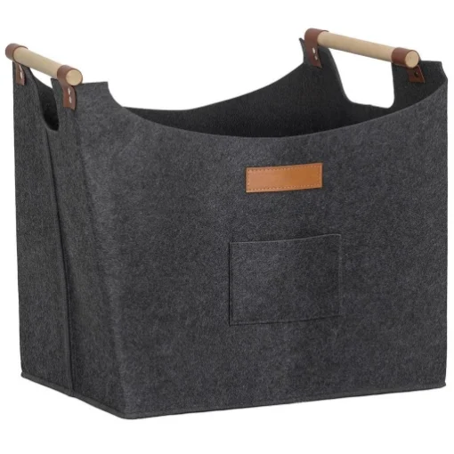 BORSA IN FELTRO PORTALEGNA DA INTERNO CON MANICI IN LEGNO, CAPACITÀ 15 KG, 45X32X40 CM, GRIGIO - MAURY'S