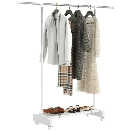 STENDIBIANCHERIA ESTENSIBILE CON RUOTE E FRENO, RIPIANO PORTA SCARPE E STRUTTURA IN ACCIAIO INOX, BIANCO - MAURY'S