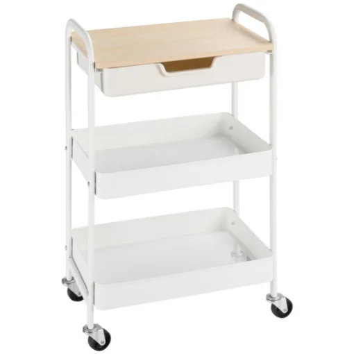 CARRELLO CUCINA MULTIUSO CON RUOTE GIREVOLI, 2 CESTI, CASSETTO E PIANO IN LEGNO, BIANCO - MAURY'S